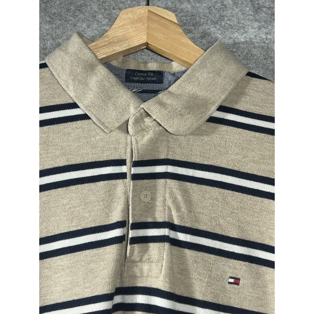Tommy‎ Hilfiger Custom Fit Polo Men's XL Beige Navy Striped Short Sleeve 90s Y2K